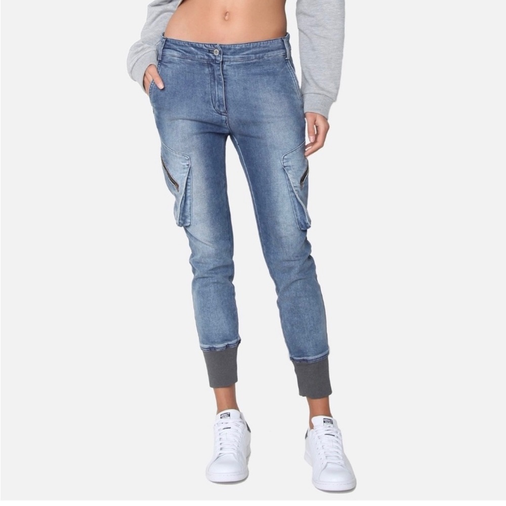 James Jeans Boyfriend Cargo Utility Jogger Blue Denim Taper Cropped Jeans